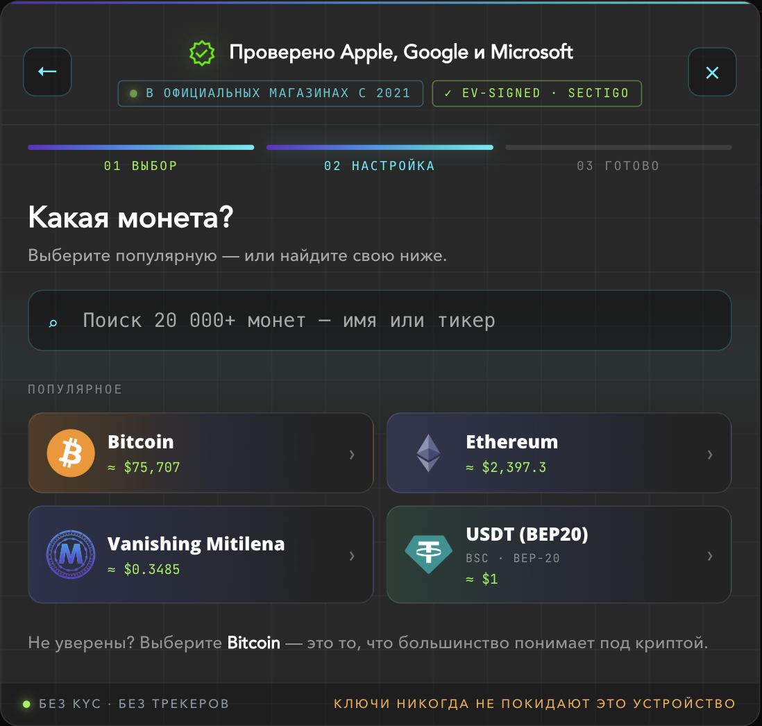 Ecrã «Que moeda?» com Bitcoin, Ethereum e USDT